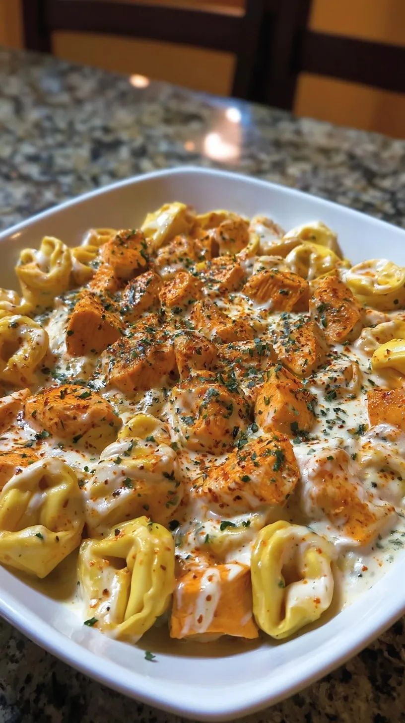 A skillet filled with cheesy buffalo chicken tortellini alfredo topped with green onions and blue cheese