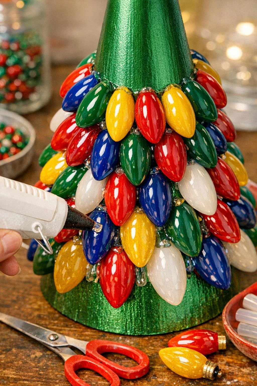 Colorful plastic Christmas bulb covers being glued in staggered rows onto a green cone