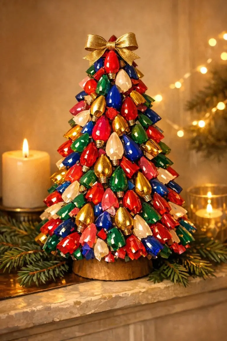 Finished colorful tabletop Christmas tree made from old bulb covers