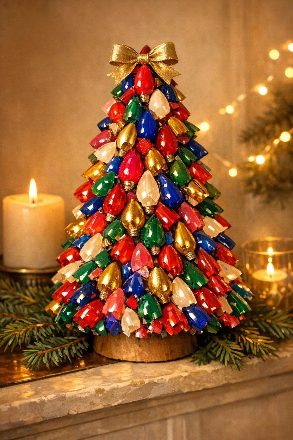 Finished tabletop Christmas tree covered in colorful salvaged plastic light bulbs
