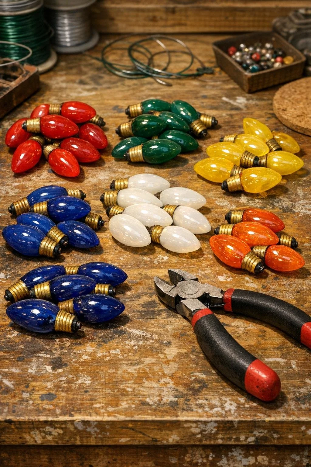 Salvaged Christmas bulb covers sorted by color beside wire cutters
