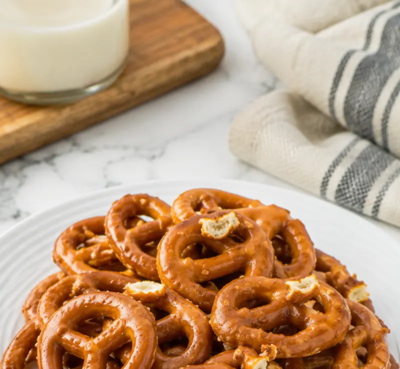 Close-up of glossy butter toffee pretzels