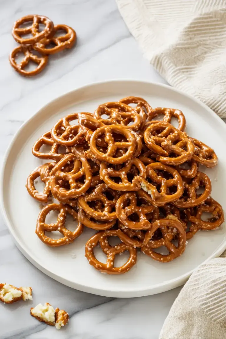 Butter toffee pretzels piled on a white plate