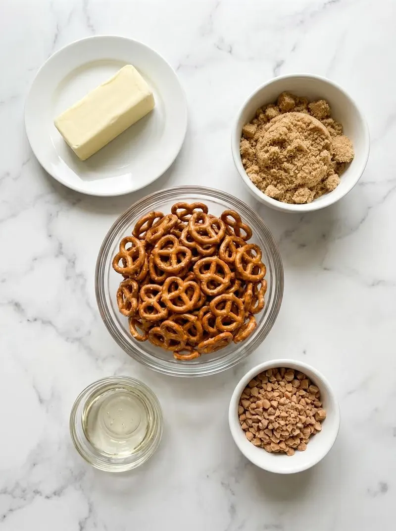 Ingredients for butter toffee pretzels arranged on marble