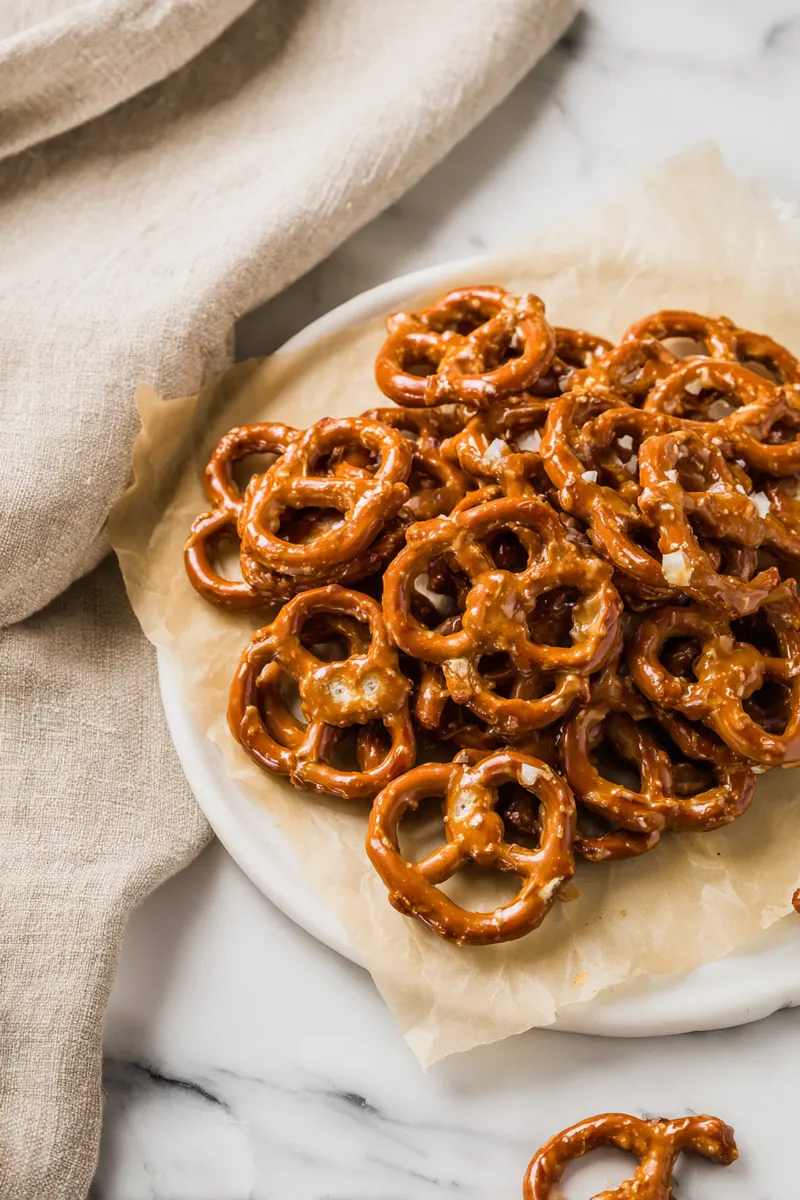 Toffee-coated mini pretzels cooling on parchment paper