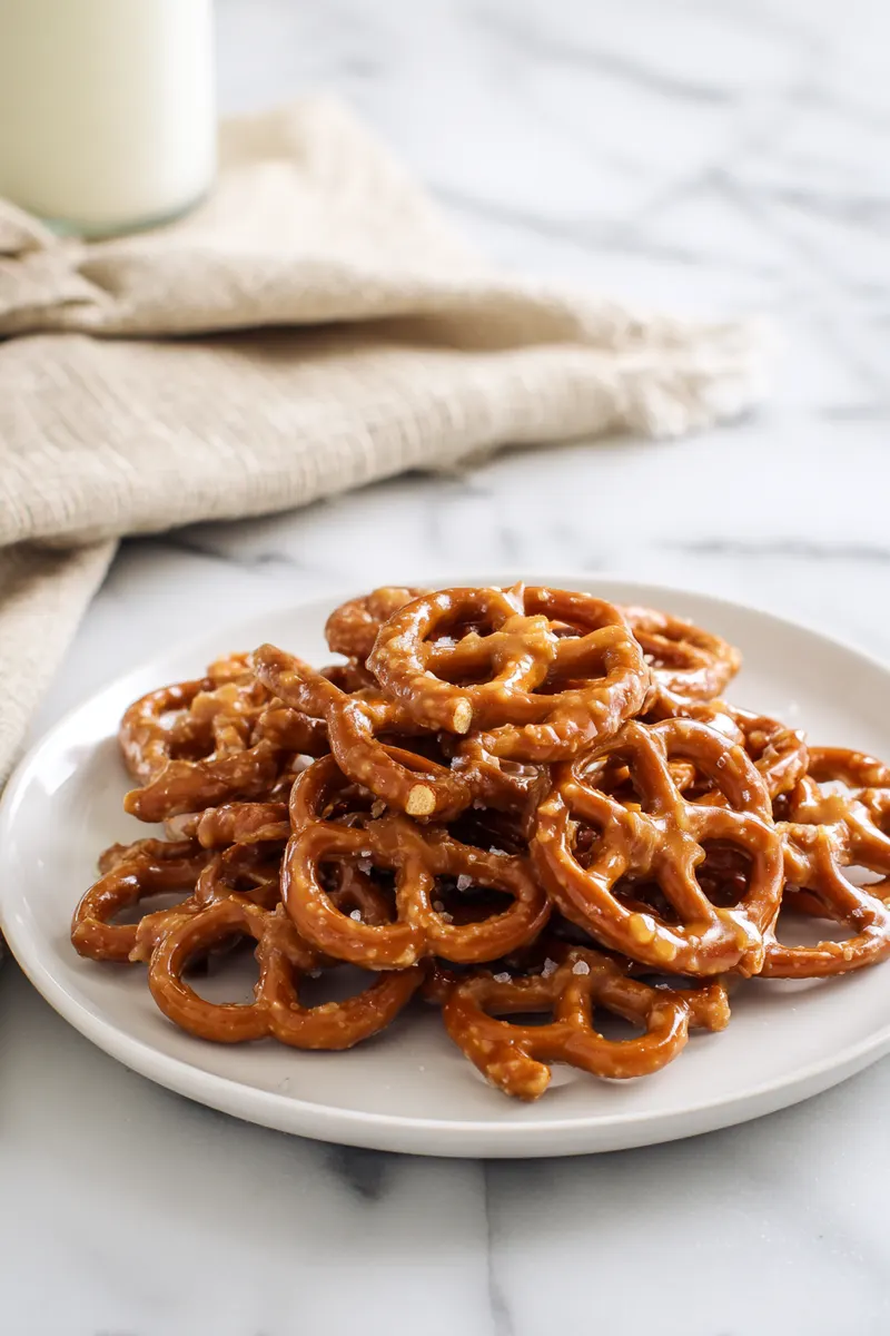 Toffee-coated mini pretzels served on a white plate