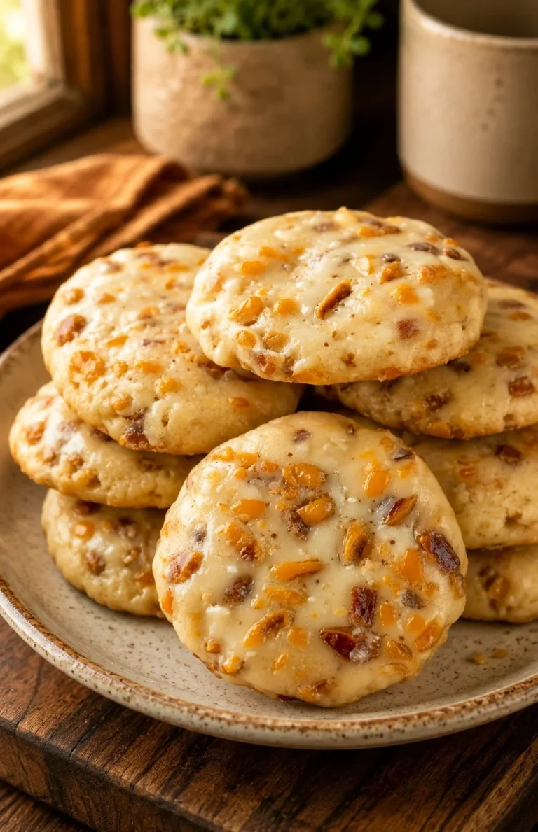 Butterscotch shortbread cookies on a plate with a cup of tea