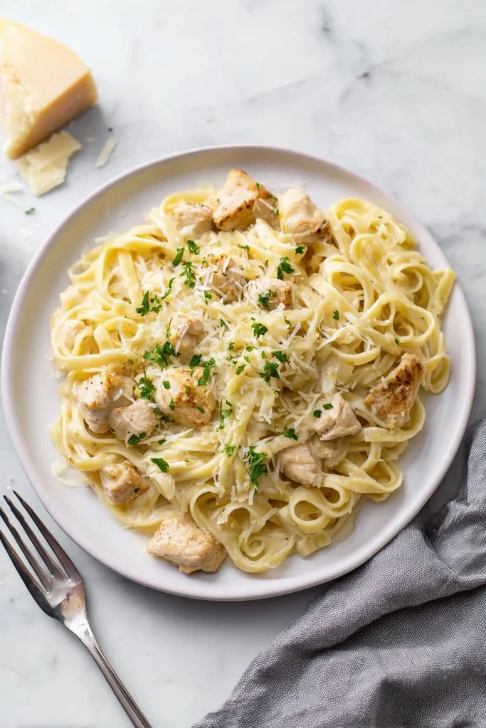 Plate of buttery chicken and noodles garnished with herbs