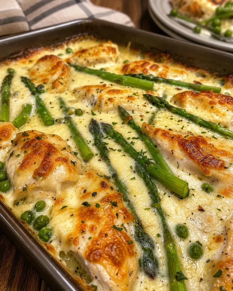 Delicious Caesar Chicken with Asparagus plated on a rustic wooden table.