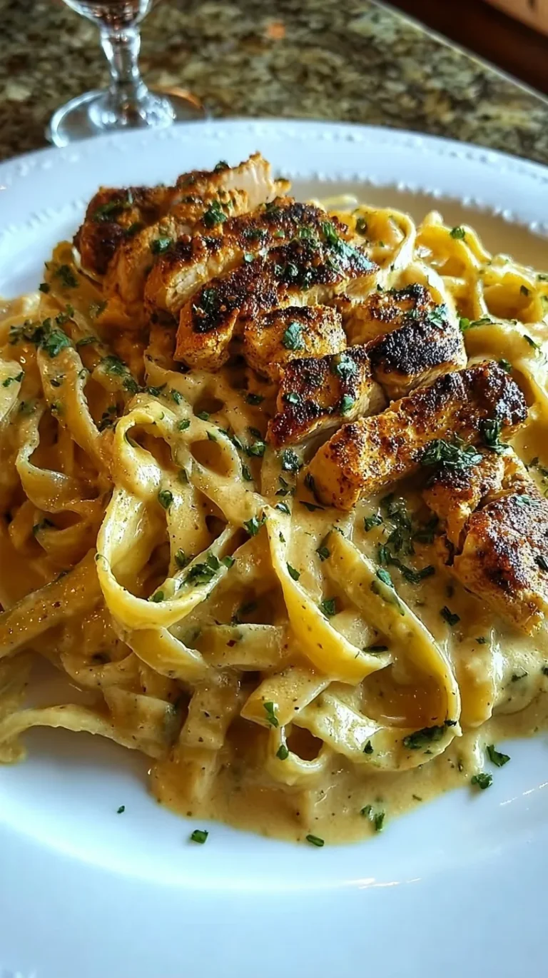 A plate of creamy Cajun Chicken Alfredo with sliced spicy chicken and fresh parsley
