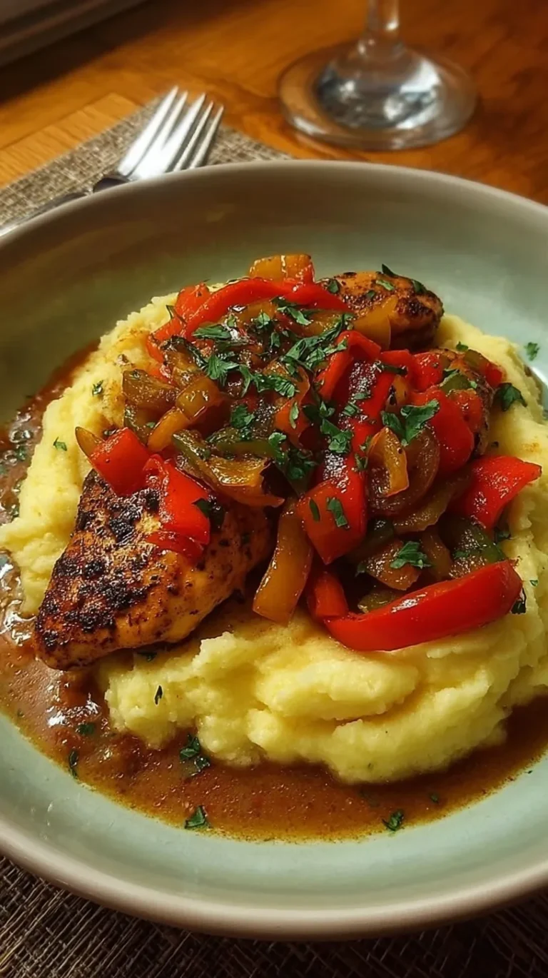 Sliced Cajun chicken breast served over creamy mashed potatoes with sautéed bell peppers and onions.