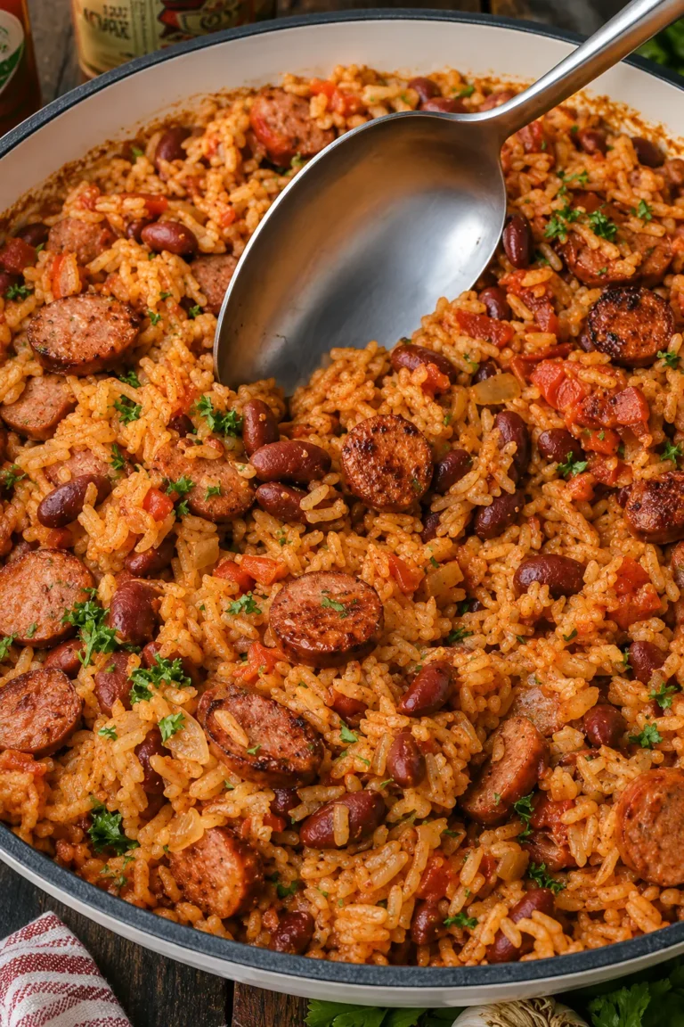 A skillet filled with Cajun red beans and rice with sliced smoked sausage, kidney beans, tomatoes, and fresh parsley garnish.