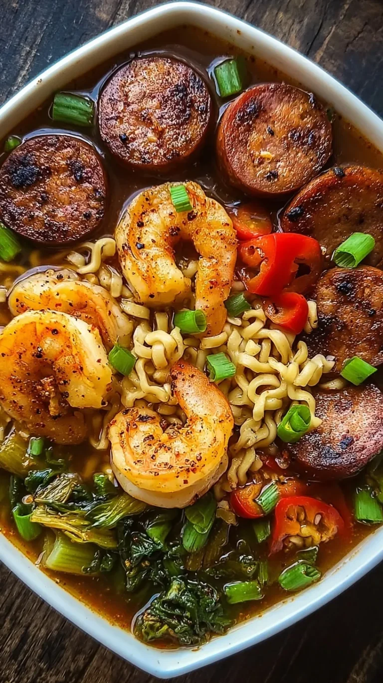 A steaming bowl of creamy Cajun ramen with shrimp and andouille sausage