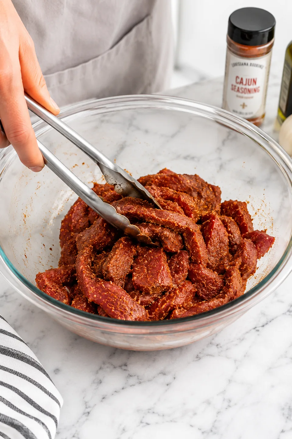 Steak pieces being tossed with Cajun seasoning in a mixing bowl