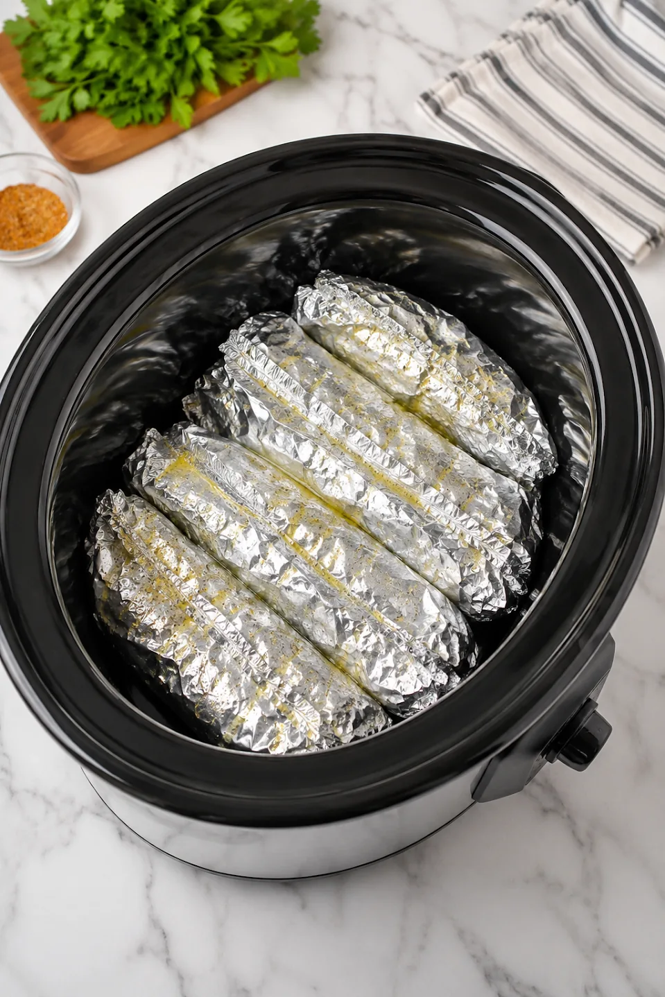 Sealed foil packets arranged inside a slow cooker