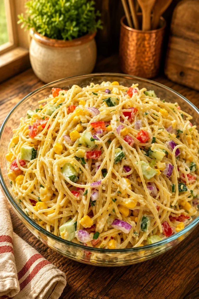 Colorful California Spaghetti Salad with fresh vegetables and dressing