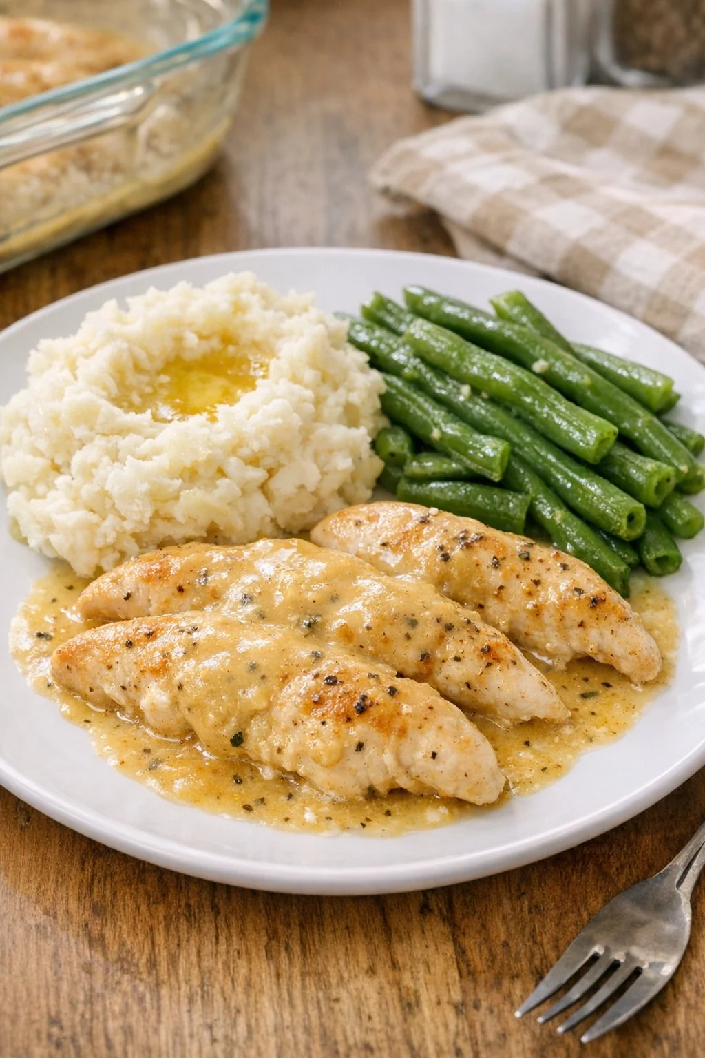 Creamy baked chicken served with mashed potatoes and green beans