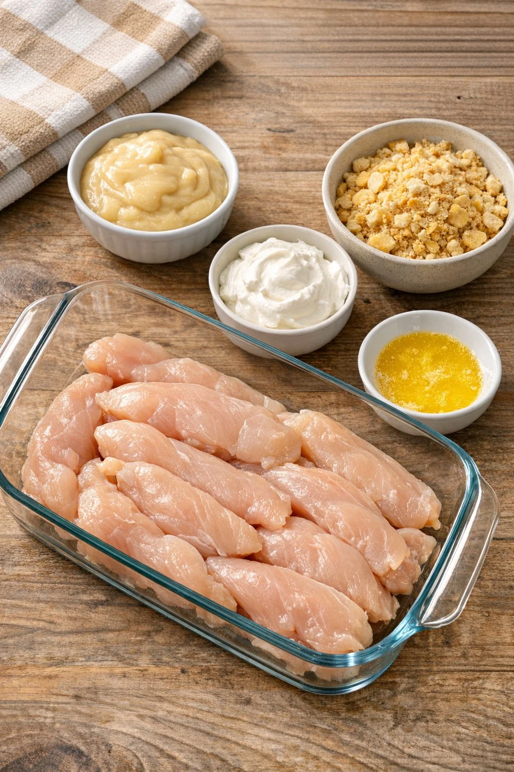 Chicken tenderloins, condensed soup, sour cream, cracker crumbs, and melted butter