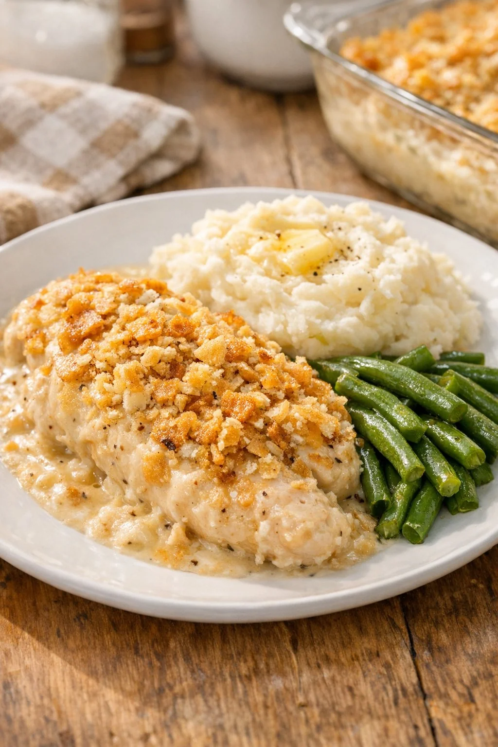 Baked chicken with golden cracker topping, mashed potatoes, and green beans