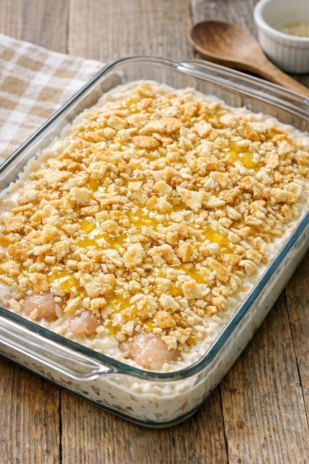 An even layer of buttery cracker crumbs over the chicken casserole