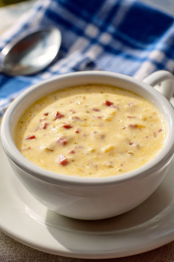Bowl of creamy Canadian cheese soup topped with herbs and spices
