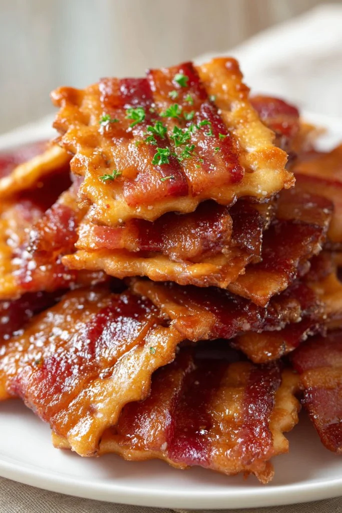 Delicious candied bacon crackers ready to be enjoyed as a delightful snack.