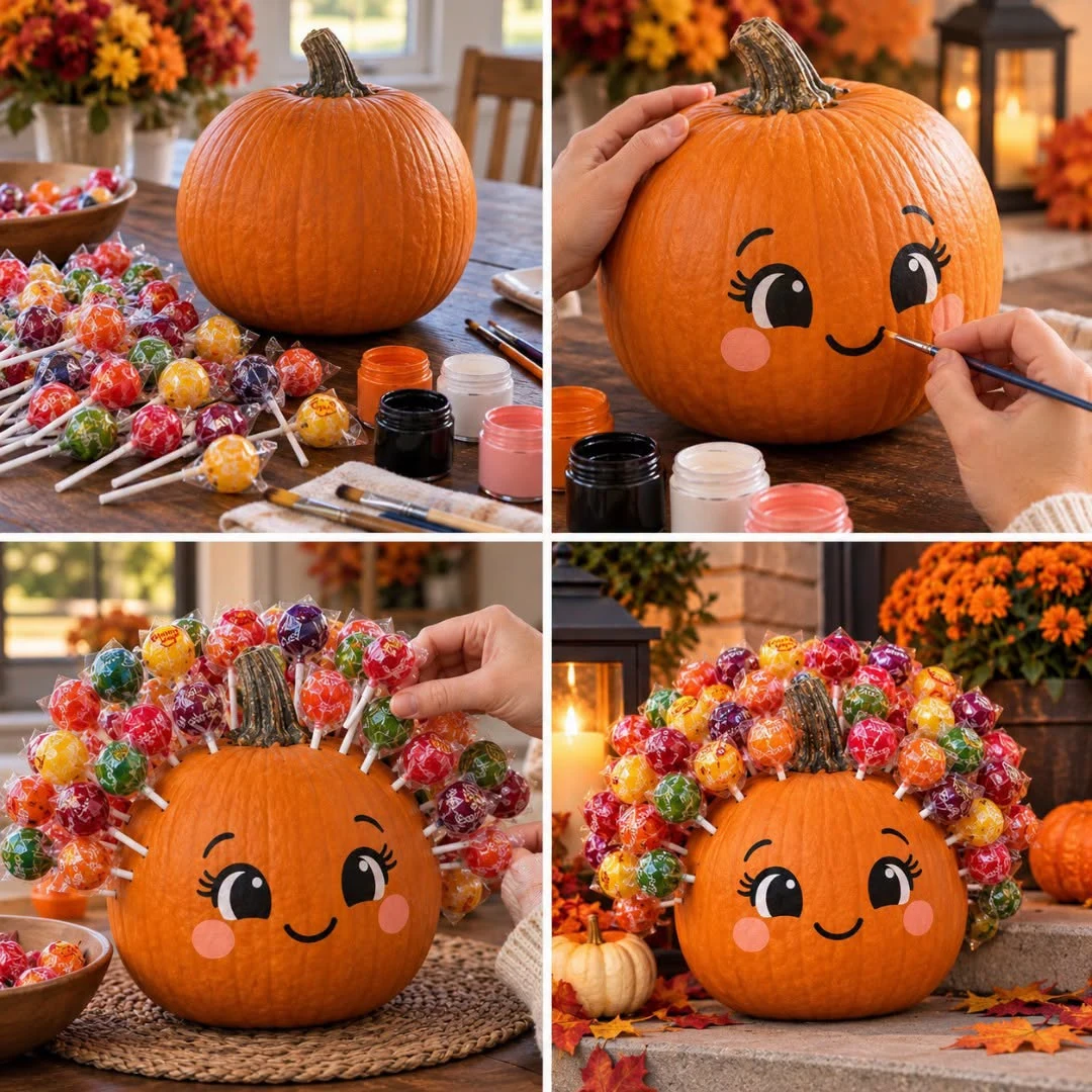 Four-step collage showing a pumpkin painted with a smiling face and decorated with wrapped lollipop hair