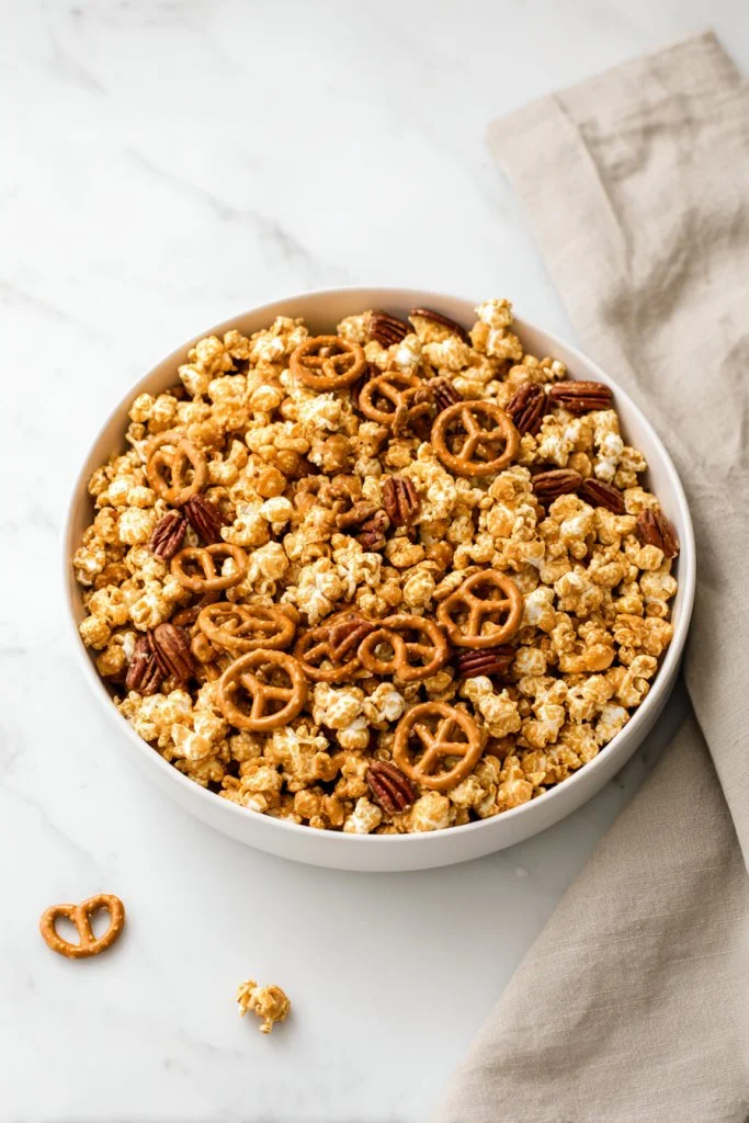 Delicious caramel corn snack mix in a bowl with colorful ingredients