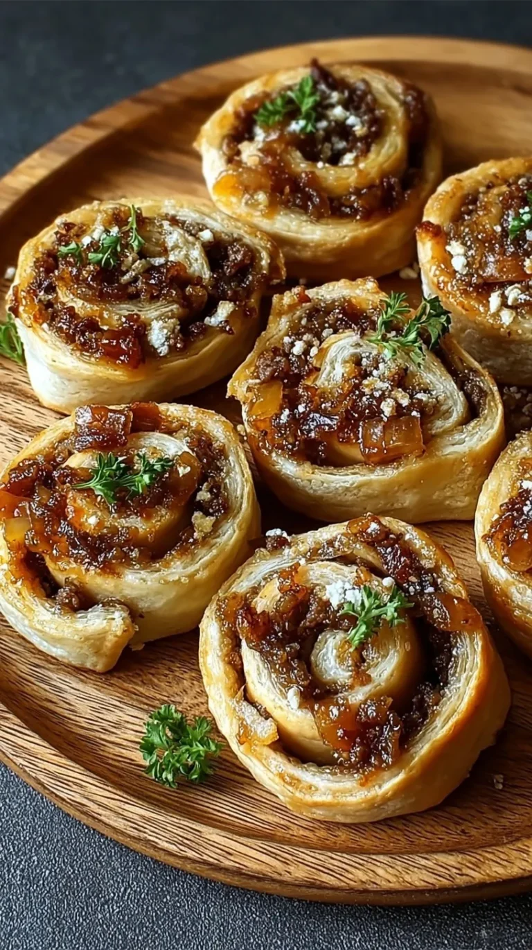 Golden brown spiced beef pinwheels with melted cheese and caramelized onions on a baking sheet.