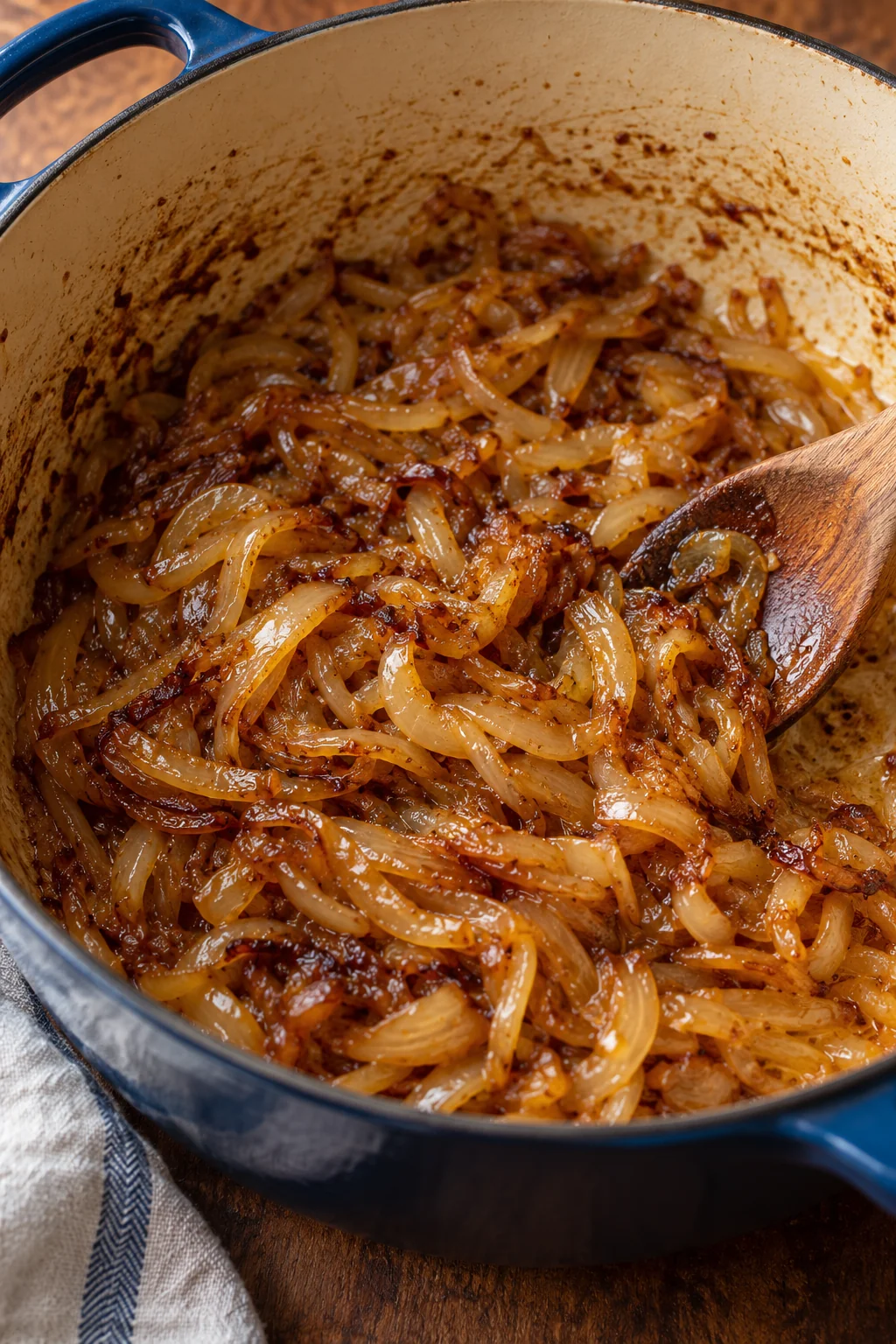 Thinly sliced onions caramelizing in a Dutch oven