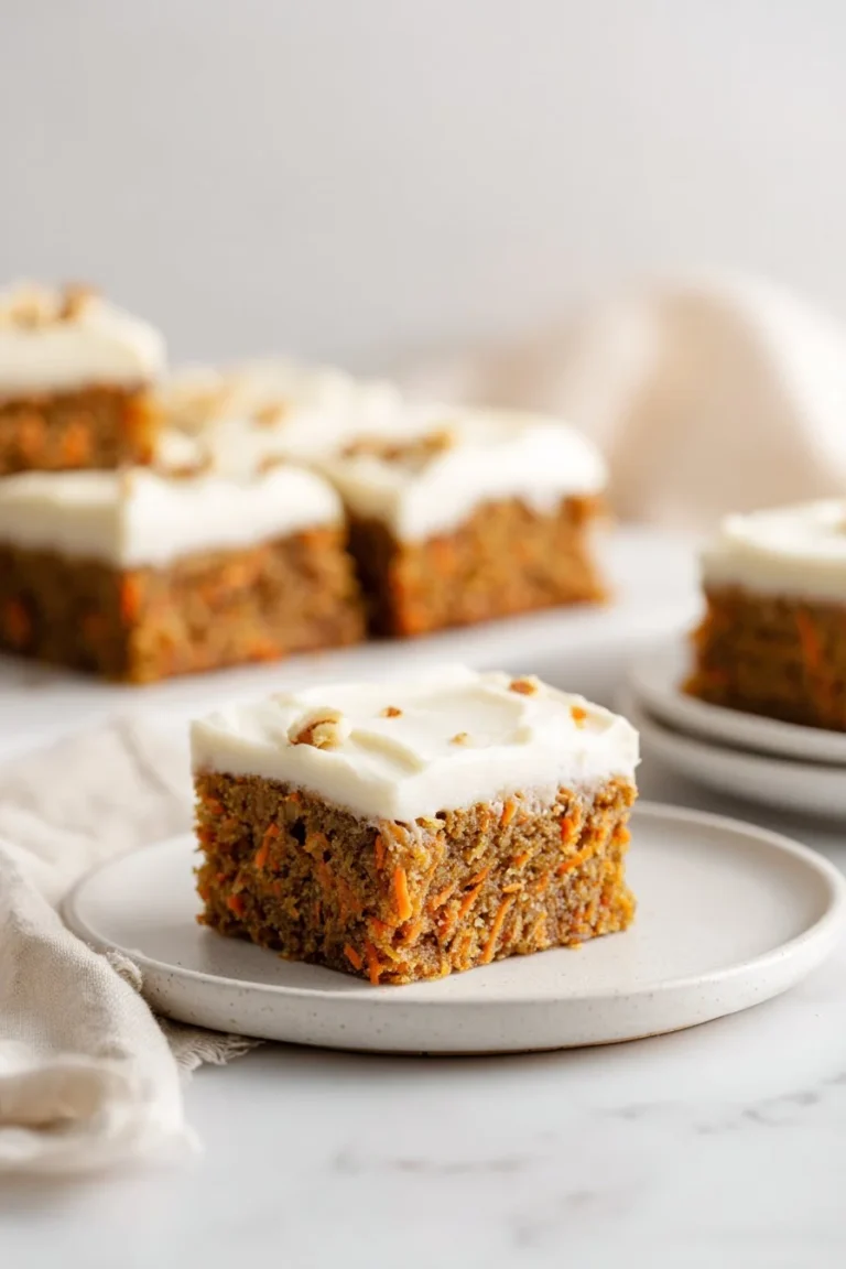 Delicious carrot cake bars topped with smooth cream cheese frosting on a plate.