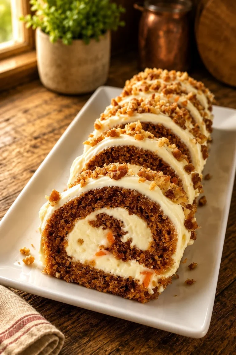 Delicious carrot cake roll with cream cheese frosting on a wooden table
