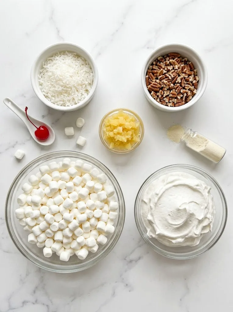 Pineapple fluff ingredients including marshmallows, whipped topping, coconut, and nuts
