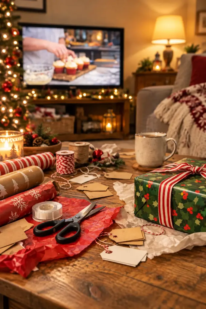 Christmas presents and wrapping supplies scattered across a bedroom floor
