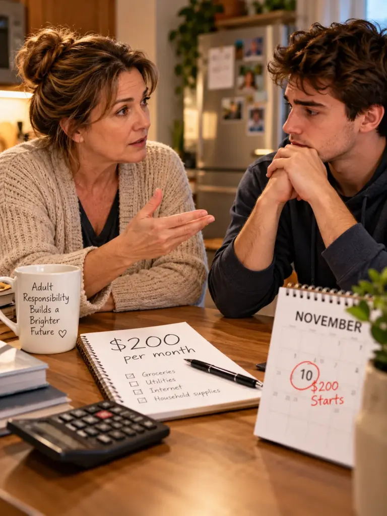 Mother discusses charging her adult son $200 a month in rent, with a November 10 deadline marked on the calendar during a serious kitchen conversation.