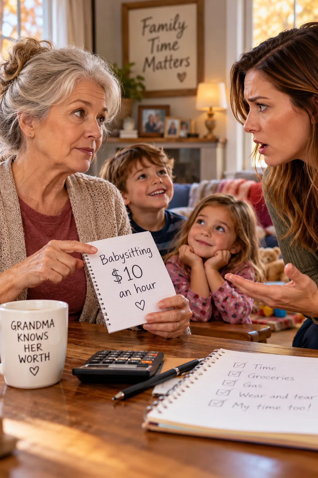 Grandmother holding a $10-an-hour babysitting sign while her shocked adult daughter reacts, with two grandchildren watching during a family discussion.