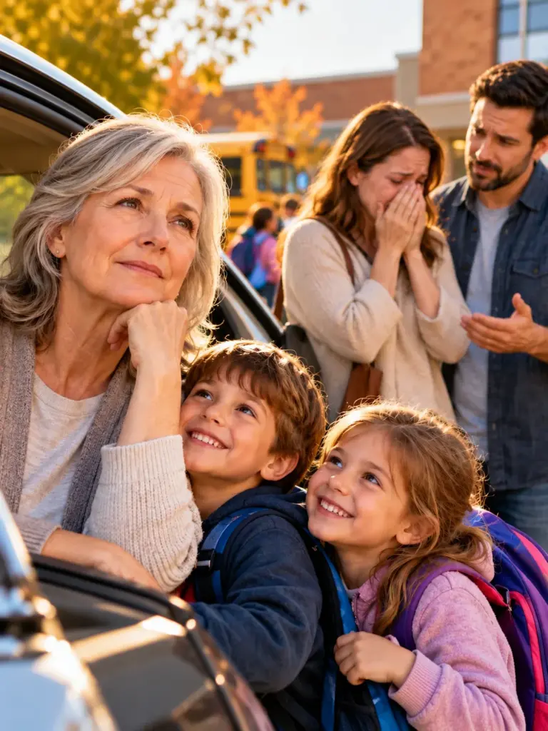 Grandmother picking up her grandchildren from school while their emotional parents discuss charging family for childcare.