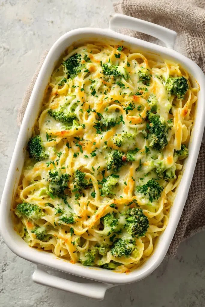 Cheddar broccoli noodles served on a plate with a sprinkle of cheese.