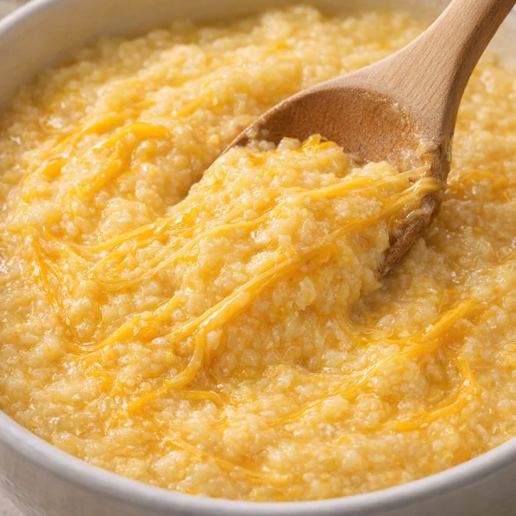 Sharp cheddar cheese melting into hot grits