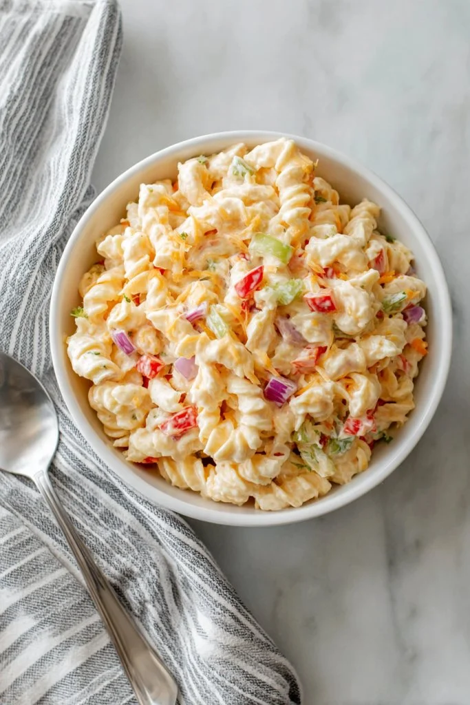Cheddar and Sour Cream Pasta Salad served in a bowl with fresh herbs.