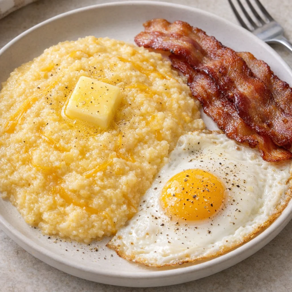 Bowl of cheddar cheese grits served with bacon and an egg