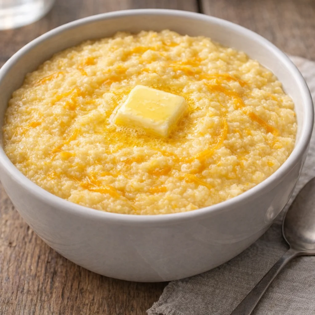 Serving bowl of creamy cheese grits with melted butter