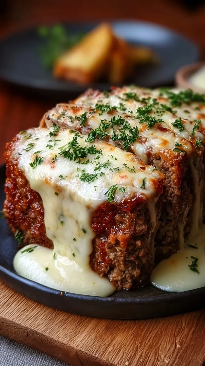 A slice of Mozzarella-Stuffed Meatloaf showing a molten cheese center and red glaze.