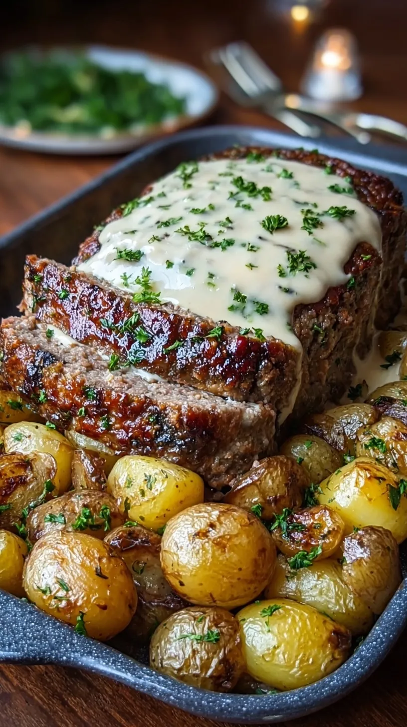 A sliced cheese-stuffed meatloaf with melted mozzarella and roasted potatoes