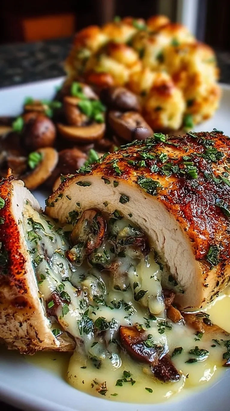 Golden brown chicken breast stuffed with melted cheese and sautéed mushrooms on a skillet