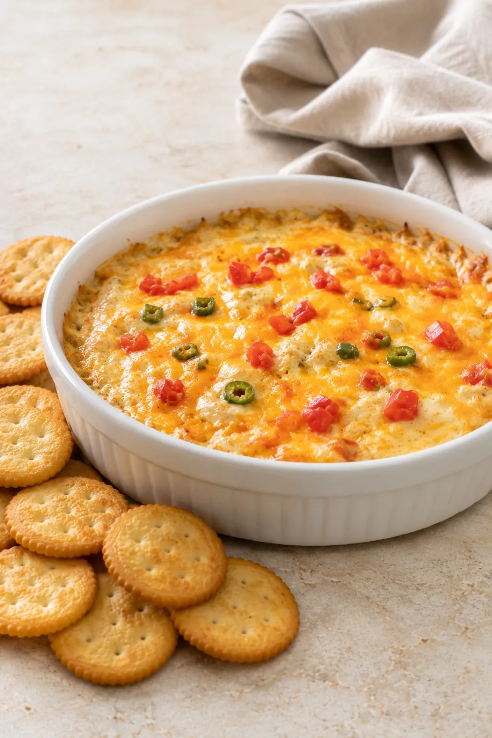 Baked Cheese Winston Dip in a white bowl with crackers