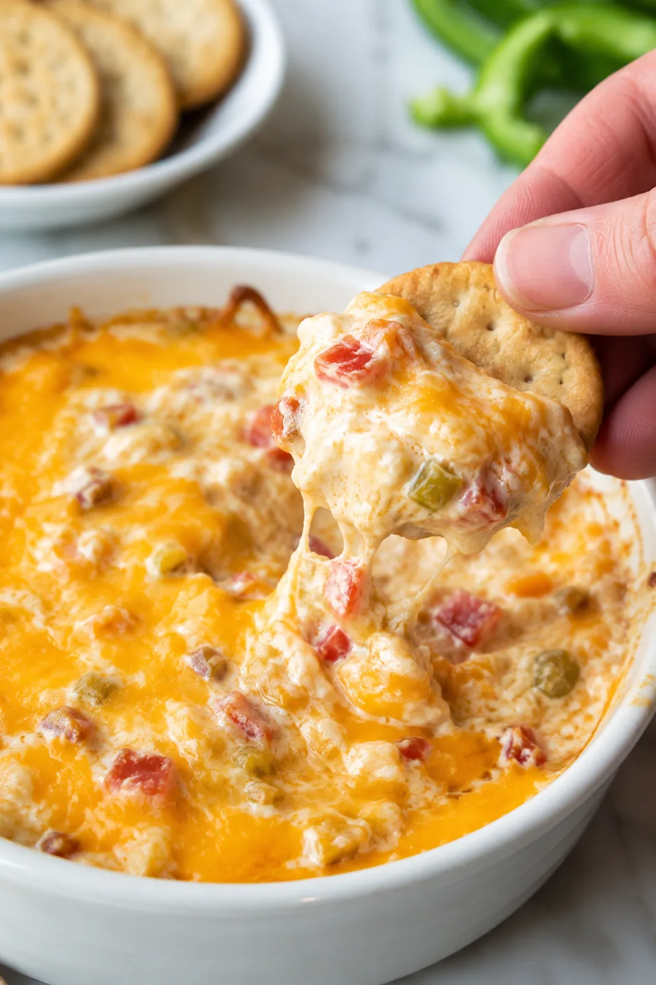 Cracker dipped into warm cheesy Cheese Winston Dip