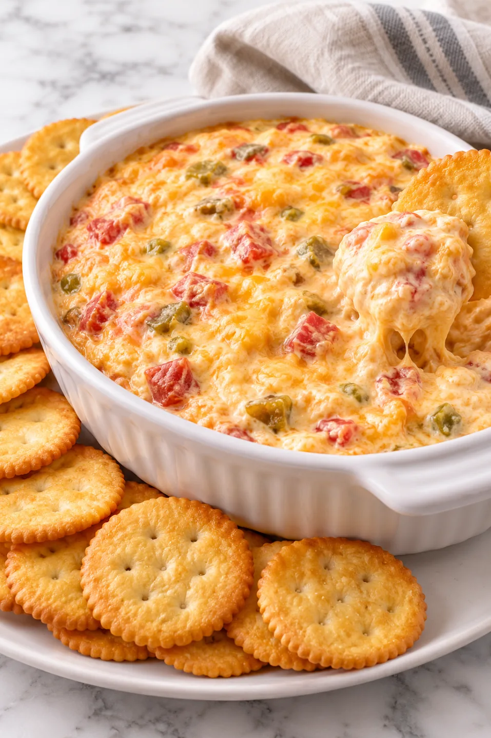 Scooping warm Cheese Winston Dip from a baking dish