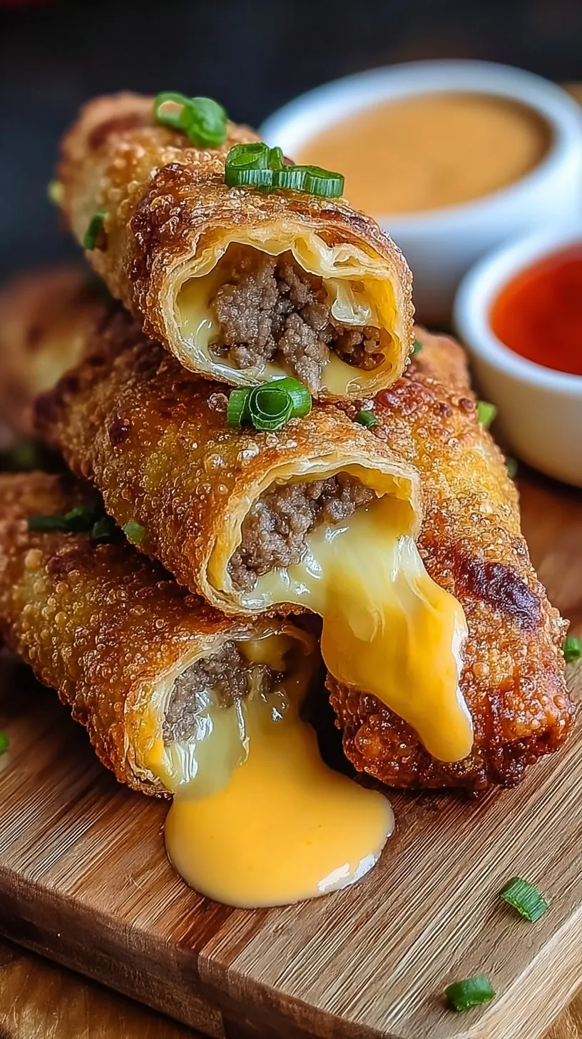 A plate of golden brown cheeseburger egg rolls sliced in half to show melted cheese and beef.