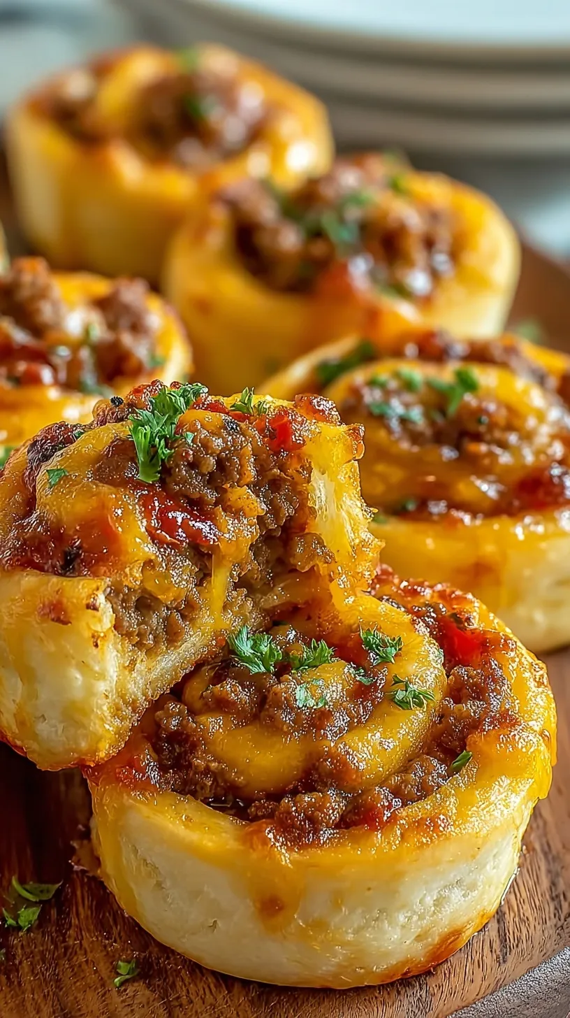 Golden brown pizza dough pinwheels filled with cheeseburger beef and melted cheese on a baking sheet.
